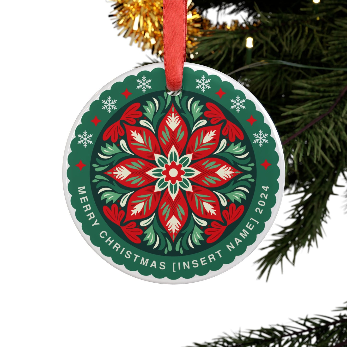 CUSTOM: Merry Christmas (Name) Poinsettia Ornament